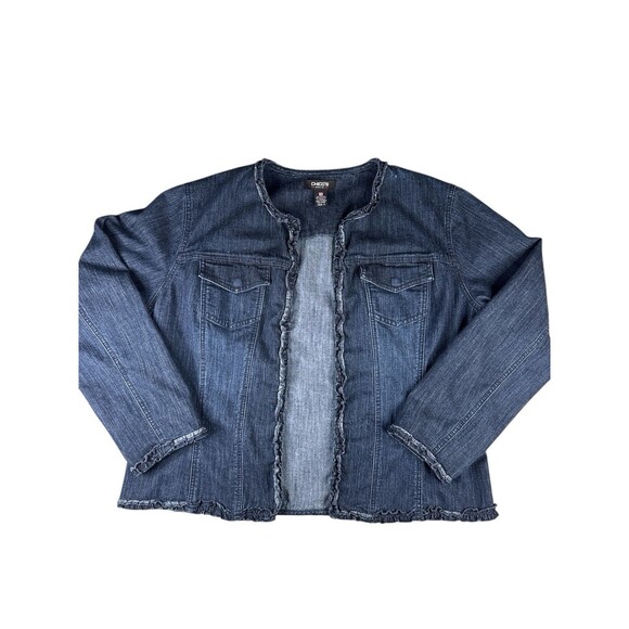 Chico’s Denim Jacket Size 2 Dark Wash Open Front Ruffle Trim Hem Casual Layering - Picture 2 of 11